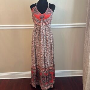 MULTICOLOR  Women’s BOHEMIAN MAXI WESTERN/GYPSY Dress v neck tie Small
